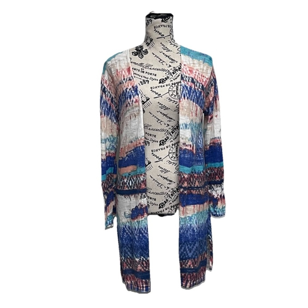 Ruby Rd Aztec Linen Blend Open Front Cardigan Sweater Womens MP Boho Hippie - Picture 2 of 9